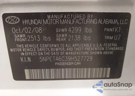 2009 Hyundai Sonata Gls z USA, uszkodzony, nr VIN 5NPET46C39H527729